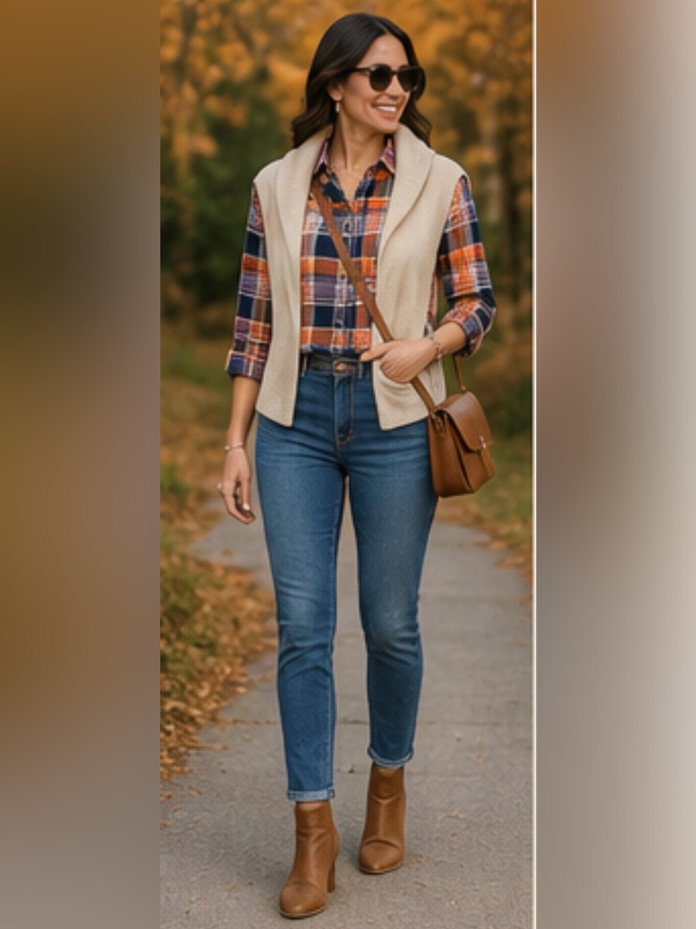 Plaid Button Down Shirt M Orange Navy Purple Oversized Fall Casual